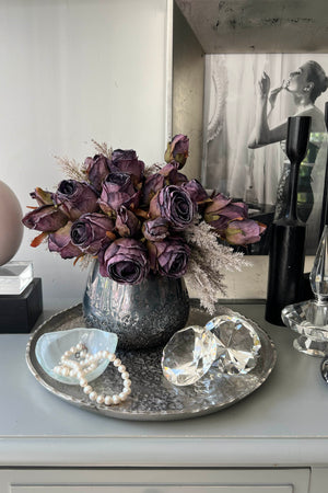 Roses and Pampas in a Bronze Glass Vase (Vintage Purple)