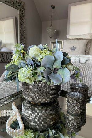Hydrangea, Guelder Rose and Eucalyptus in a Rice Textured Vase (Blue)