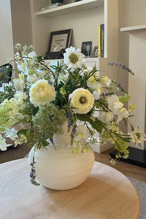 Ranunculus, Sweetpea,Queen Anne's Lace and Lavender in a Stone Vase