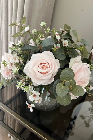 Eucalyptus, Rose and Waxflower in a Smokey Glass Vase ( Pink)