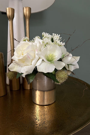 Hellebore, Rose and Platanus in a Two Tone Vase (Taupe/ Gold)