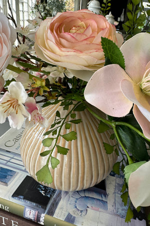 Blossom, Ranunculus and Hellebores in a Stone Ribbed Vase