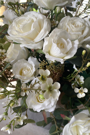 Eucalyptus and Roses in a Taupe Frosted Vase