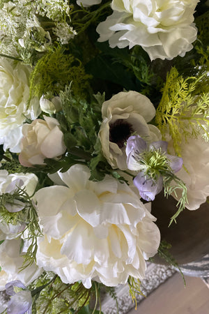 Peony, Nigella, Thistle and Queen Anne's Lace in a Gold Metallic Vase
