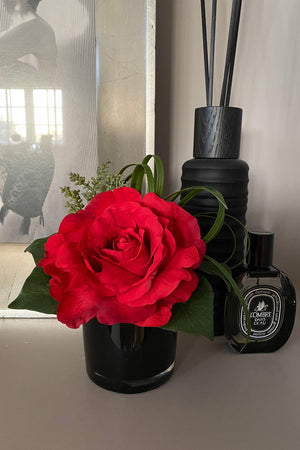 Rose with Succulent and Ivy in a Black Glass Cylinder