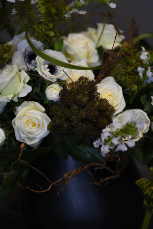 Roses, Anemones, Queen Anne's Lace and Scabiosa in a Black Metallic Vase