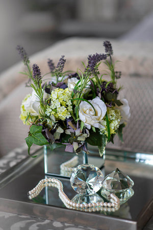 Lavender, Hydrangea and Rose in a Mirrored Cube