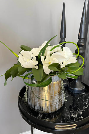 Vanda Orchids in a Grey/Gold Textured Vase