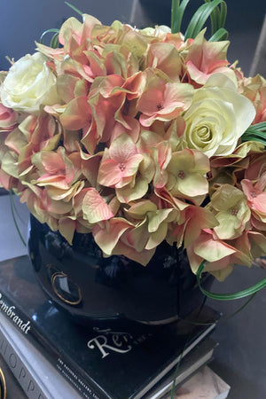 Hydrangea and Roses in a Black Goldfish Bowl (Vintage Peach)