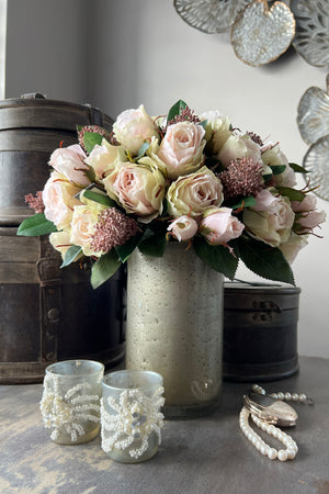 Roses with Sedum in a Champagne Gold Glass Vase