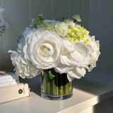 Rose, Hydrangea and Guelder Rose in a Stem Lined Cylinder (White)