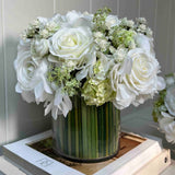 Rose, Hydrangea and Guelder Rose in a Stem Lined Cylinder (White)