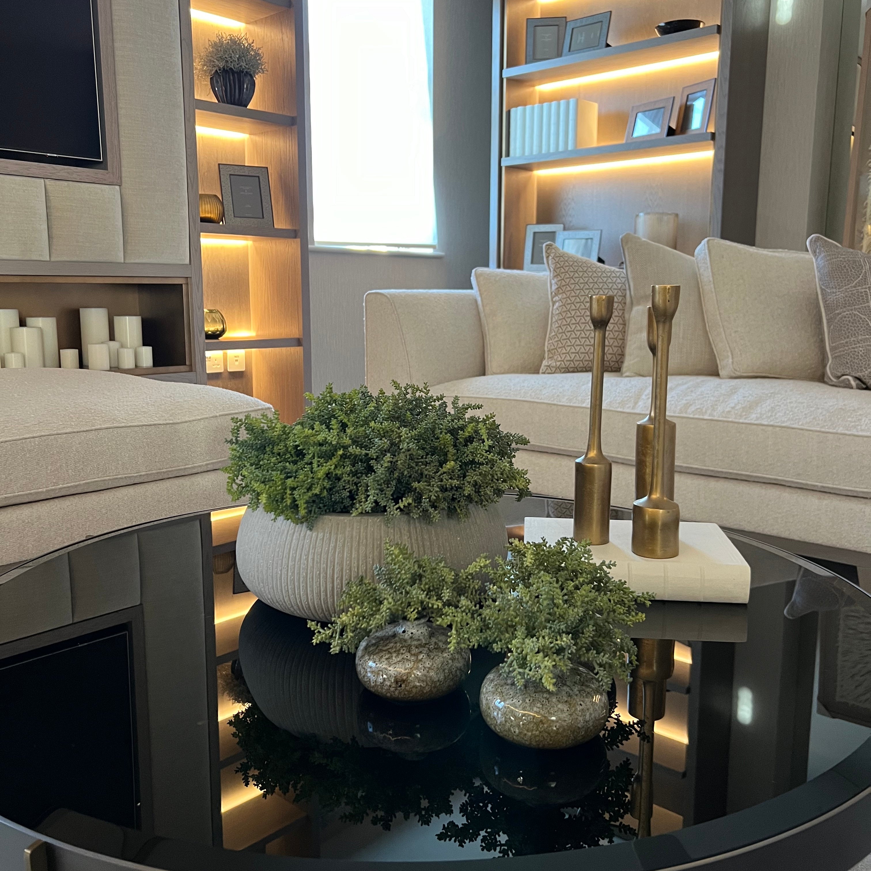 Modern living room with a round glass coffee table, decorative plants, and shelves with lights.
