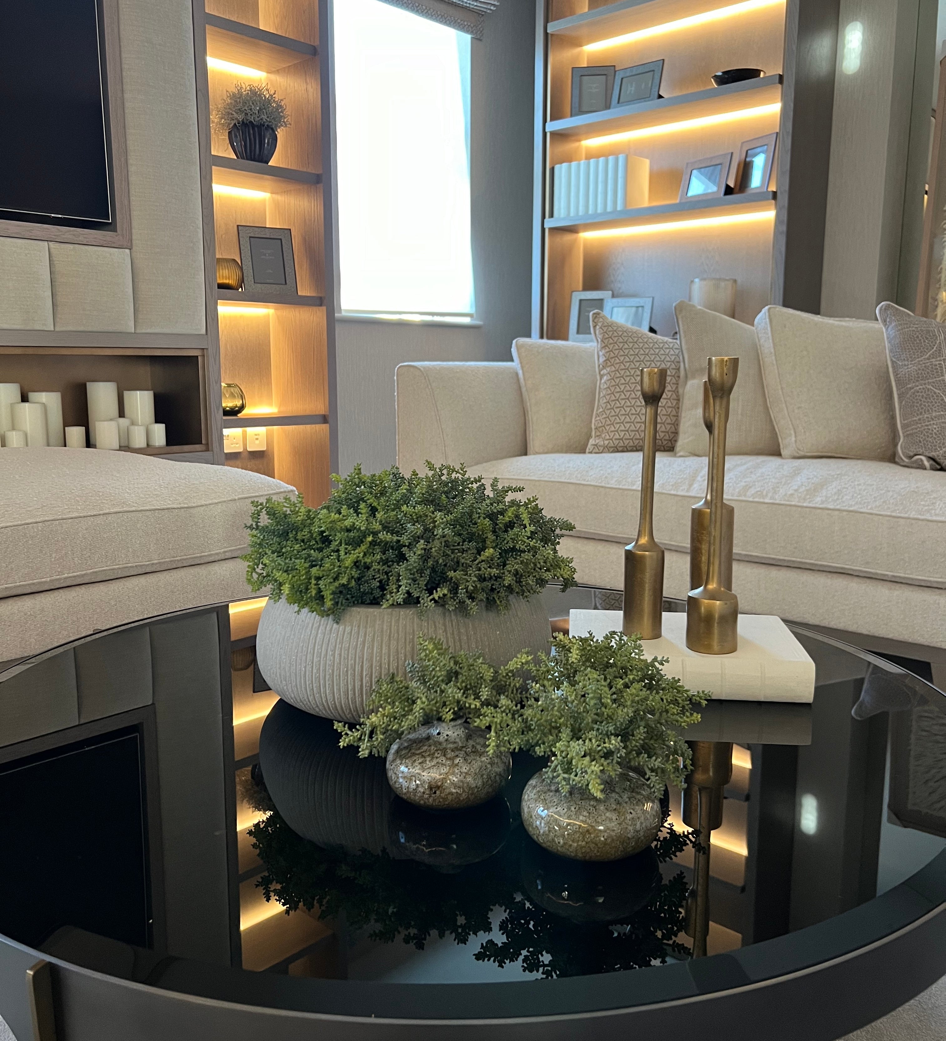 Modern living room with a round glass coffee table, decorative plants, and shelves with lights.