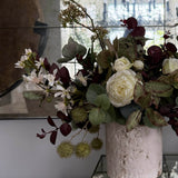 Pittosporum, Roses, Eucalyptus and Platanus in a Stone Textured Vase