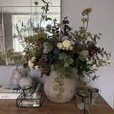 Pittosporum, Roses, Eucalyptus and Platanus in a Handpainted Stone Vase