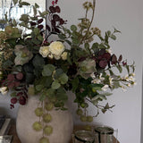Pittosporum, Roses, Eucalyptus and Platanus in a Handpainted Stone Vase