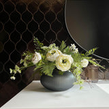 Ranunculus and Fern in a Blue Grey Glass Fluted Bowl RTfact Flowers 