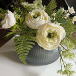 Ranunculus and Fern in a Blue Grey Glass Fluted Bowl RTfact Flowers 