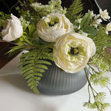 Ranunculus and Fern in a Blue Grey Glass Fluted Bowl RTfact Flowers 