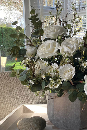 Eucalyptus and Roses in a Taupe Frosted Vase RTfact Flowers 