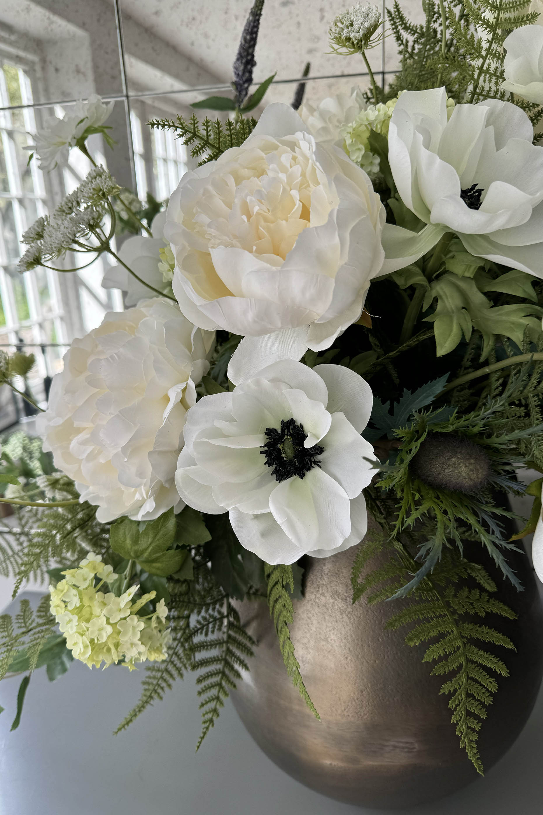 Peony, Nigella, Thistle and Queen Anne's Lace in a Gold Metallic Vase RTfact Flowers 
