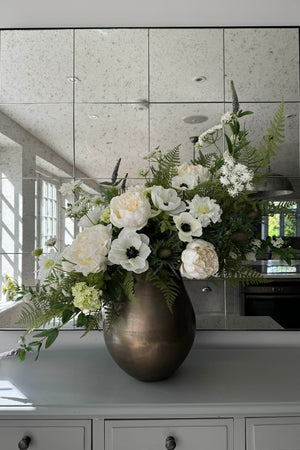 Peony, Nigella, Thistle and Queen Anne's Lace in a Gold Metallic Vase RTfact Flowers 