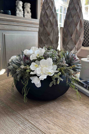 Vanda Orchids, Succulents and Watergrass in a Black Bamboo Bowl