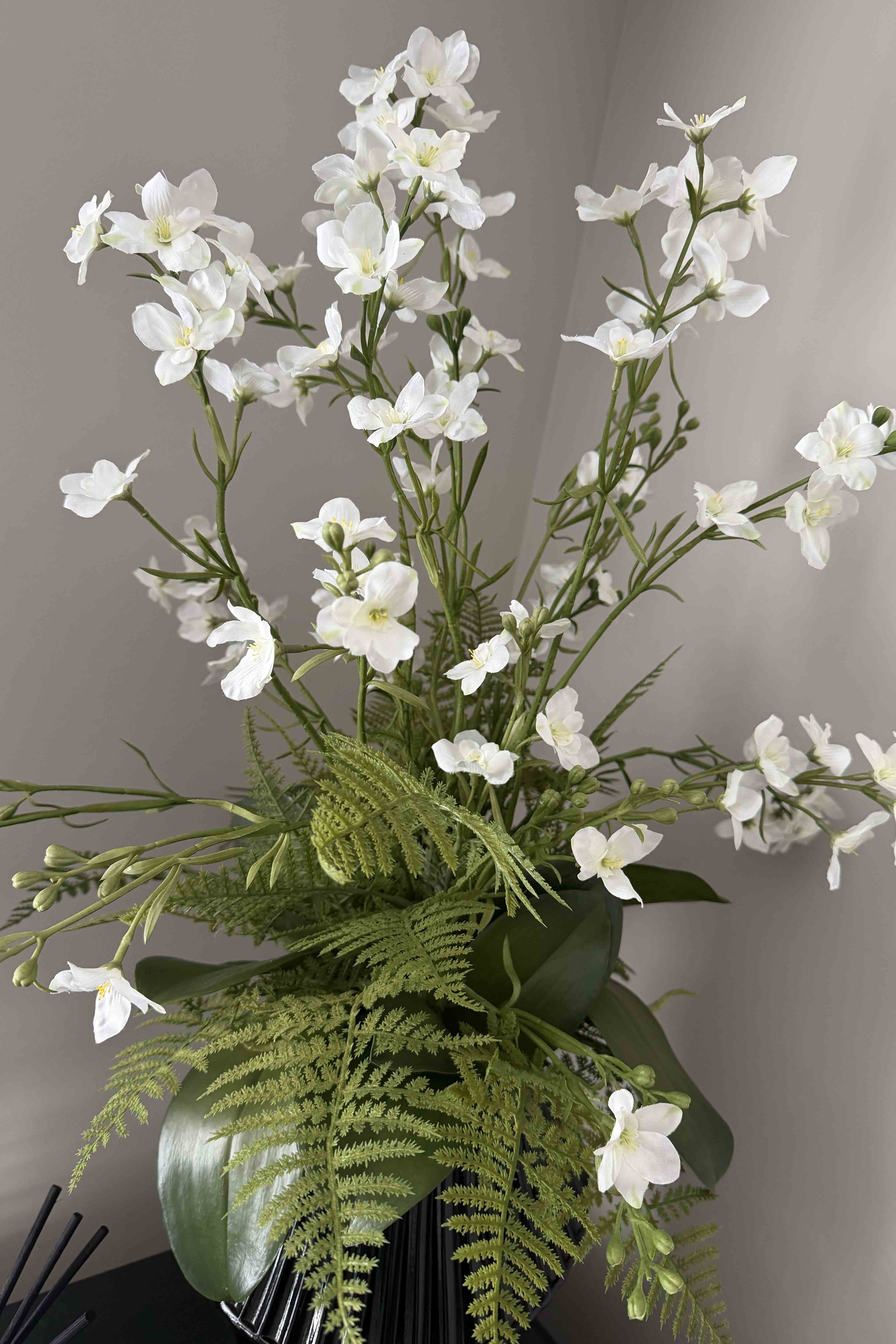 Larkspur Spray and Fern in a Black Ribbed Glass Vase RTfact Flowers 