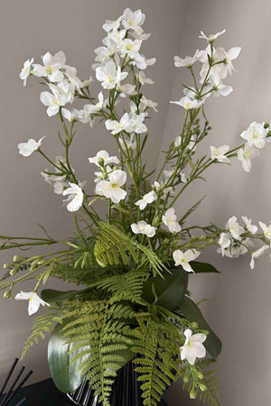 Larkspur Spray and Fern in a Black Ribbed Glass Vase RTfact Flowers 