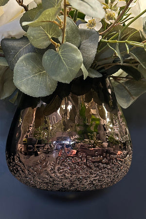 Eucalyptus, Rose and Waxflower in a Smokey Glass Vase (White) RTfact Flowers 