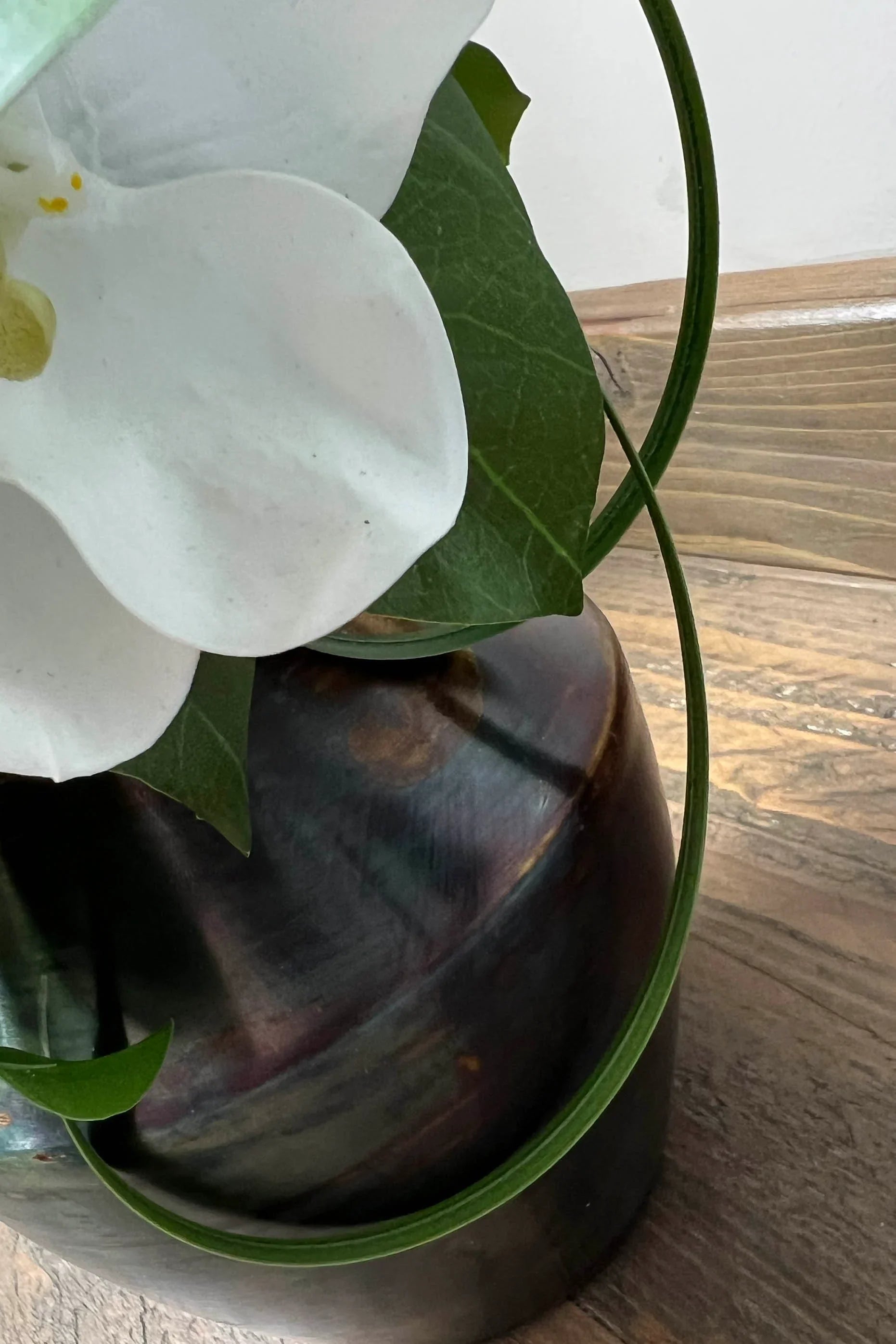 Vanda Orchid, Dianthus and Laurel in a Copper Vase RTfact Flowers 