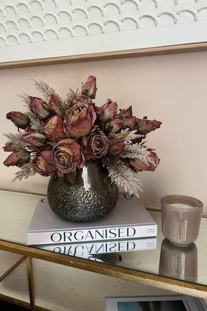 Russet Roses and Pampas in a Bronze Glass Vase