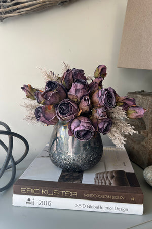Roses and Pampas in a Bronze Glass Vase (Vintage purple)