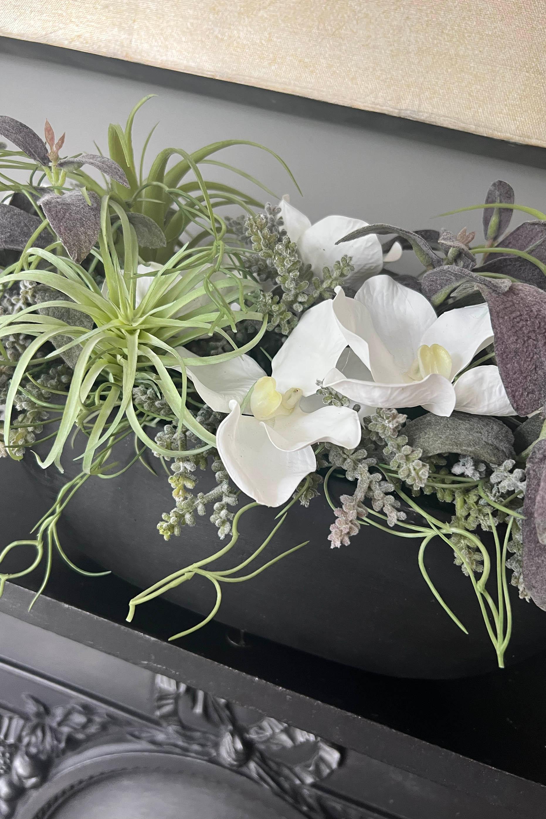 Orchids and Succulents in a Black Stone Boat RTfact Flowers 