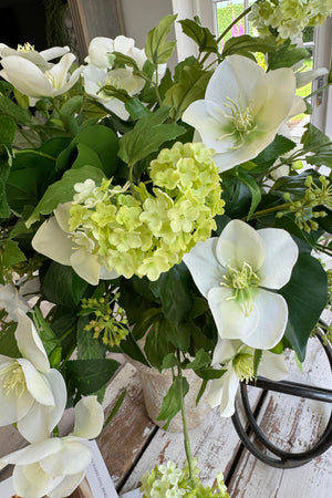 Hydrangea Spray, Hellebore, Ivy and Guelder Rose in a Stone Vase