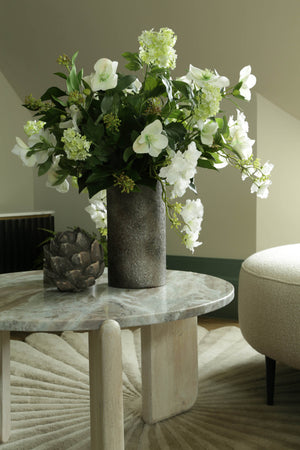 Hydrangea Spray, Hellebore, Ivy and Guelder Rose in a Glass Vase