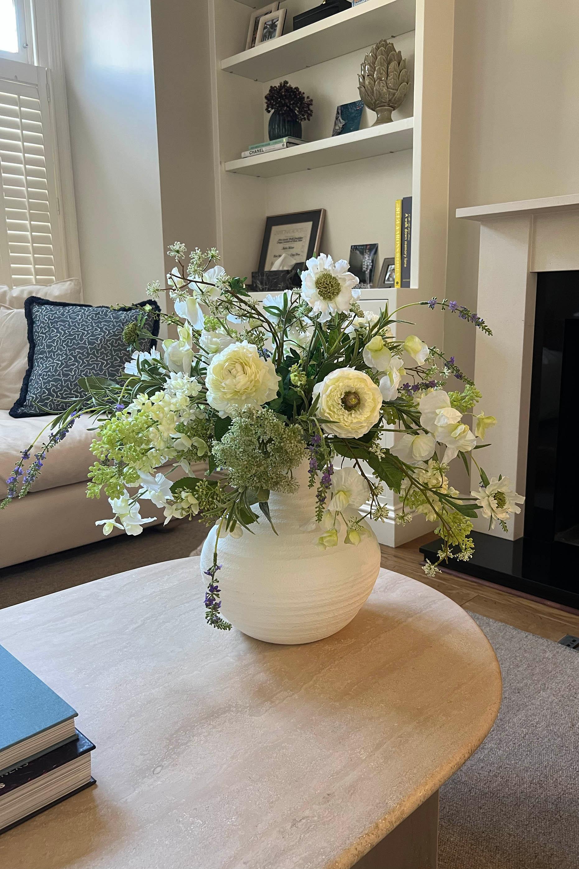Ranunculus, Sweetpea, Queen Anne's Lace and Lavender in a Stone Vase RTfact Flowers 
