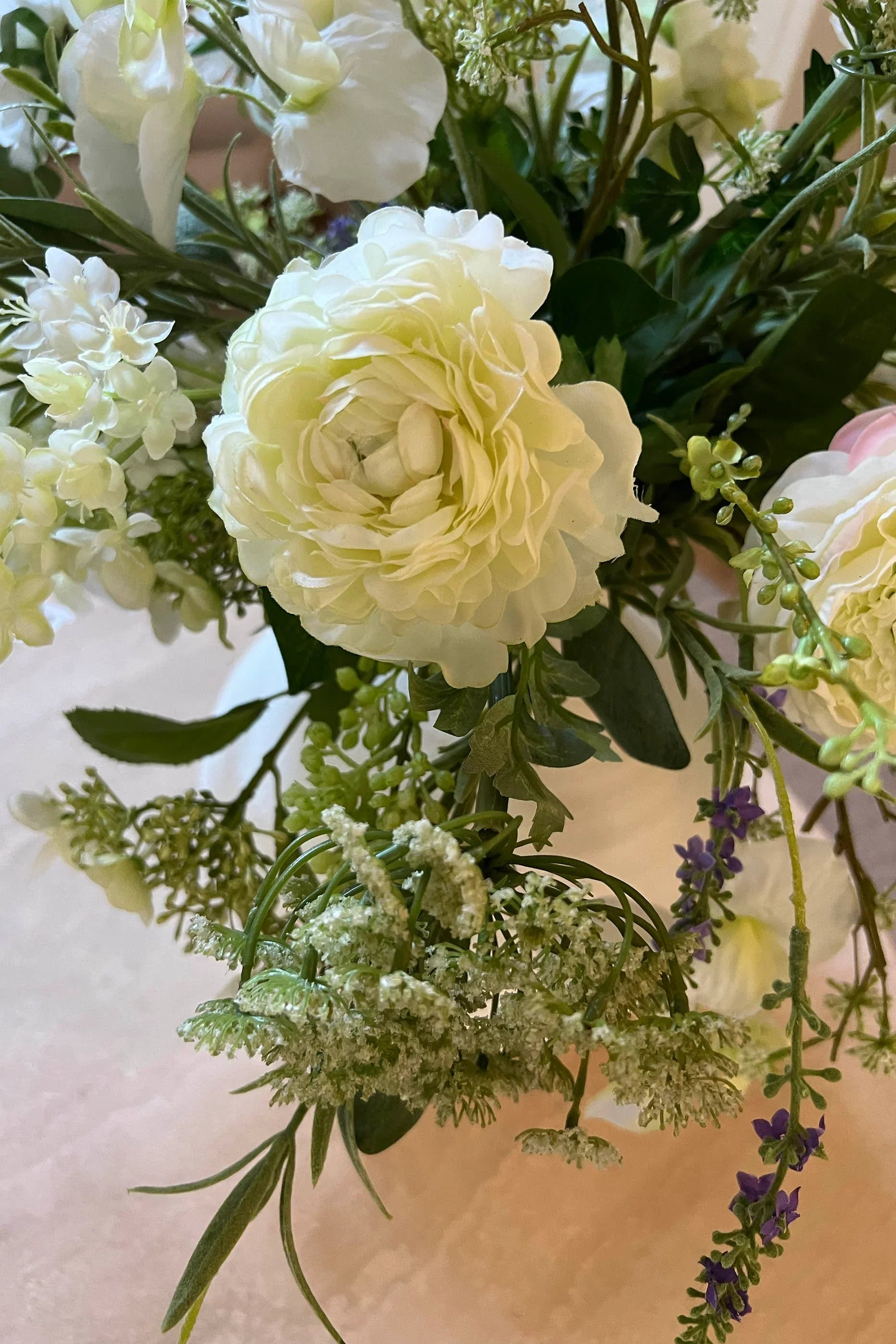Ranunculus, Sweetpea, Queen Anne's Lace and Lavender in a Stone Vase RTfact Flowers 
