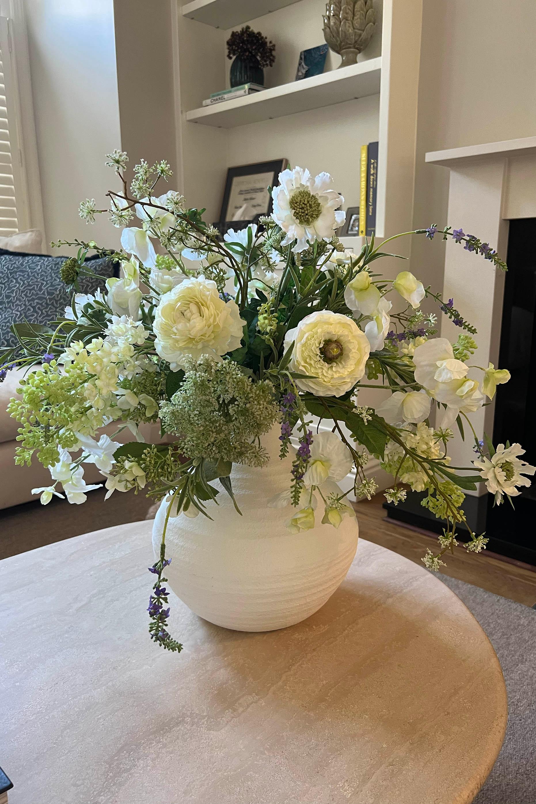 Ranunculus, Sweetpea, Queen Anne's Lace and Lavender in a Stone Vase RTfact Flowers 