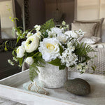 Roses, Ranunculus, Lilac and Fern in a Whitewashed Stone Pot RTfact Flowers 