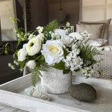 Roses, Ranunculus, Lilac and Fern in a Whitewashed Stone Pot RTfact Flowers 
