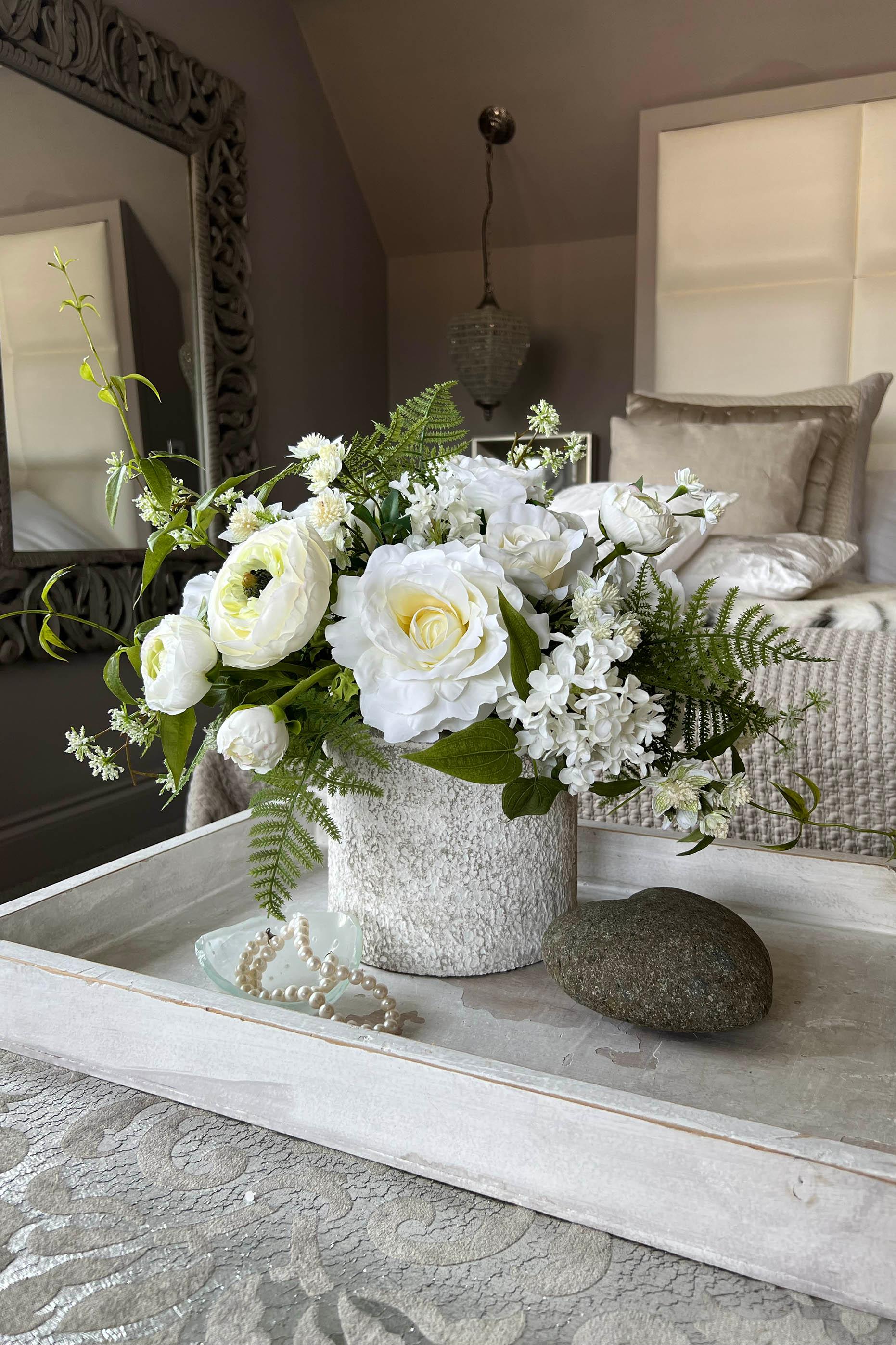Roses, Ranunculus, Lilac and Fern in a Whitewashed Stone Pot RTfact Flowers 