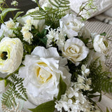Roses, Ranunculus, Lilac and Fern in a Whitewashed Stone Pot RTfact Flowers 