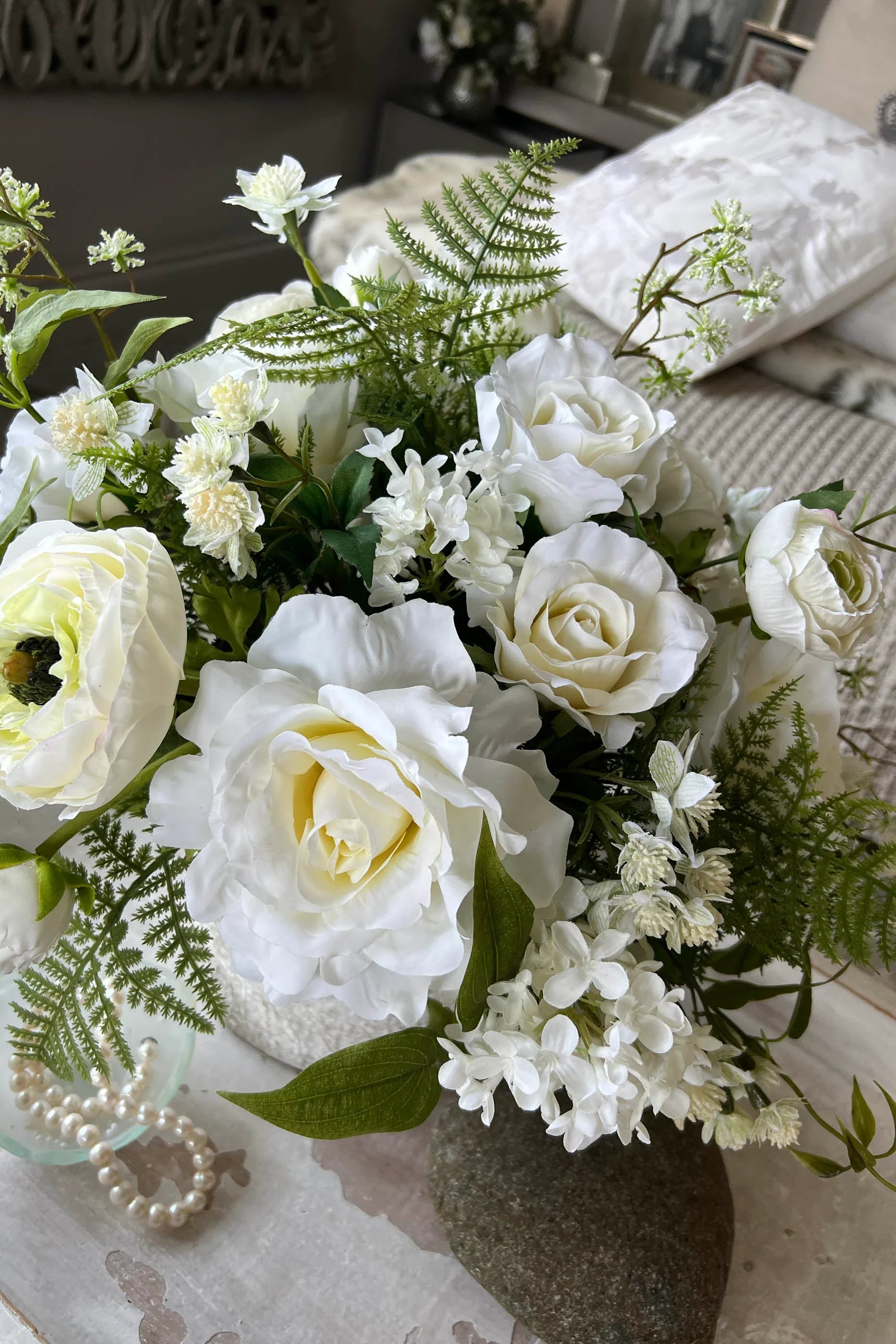 Roses, Ranunculus, Lilac and Fern in a Whitewashed Stone Pot RTfact Flowers 