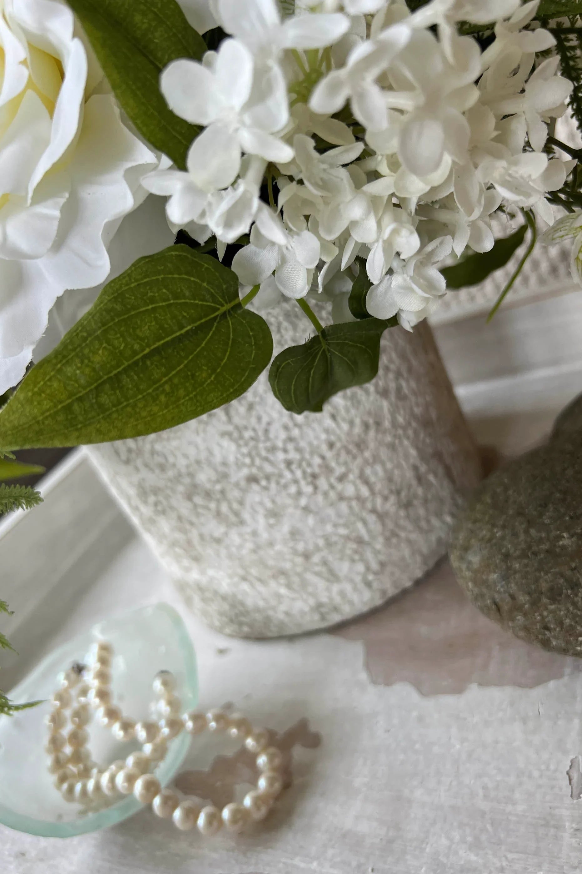 Roses, Ranunculus, Lilac and Fern in a Whitewashed Stone Pot RTfact Flowers 