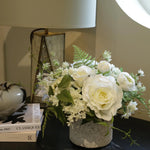 Roses, Ranunculus, Lilac and Fern in a Whitewashed Stone Pot RTfact Flowers 
