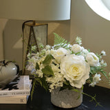 Roses, Ranunculus, Lilac and Fern in a Whitewashed Stone Pot RTfact Flowers 