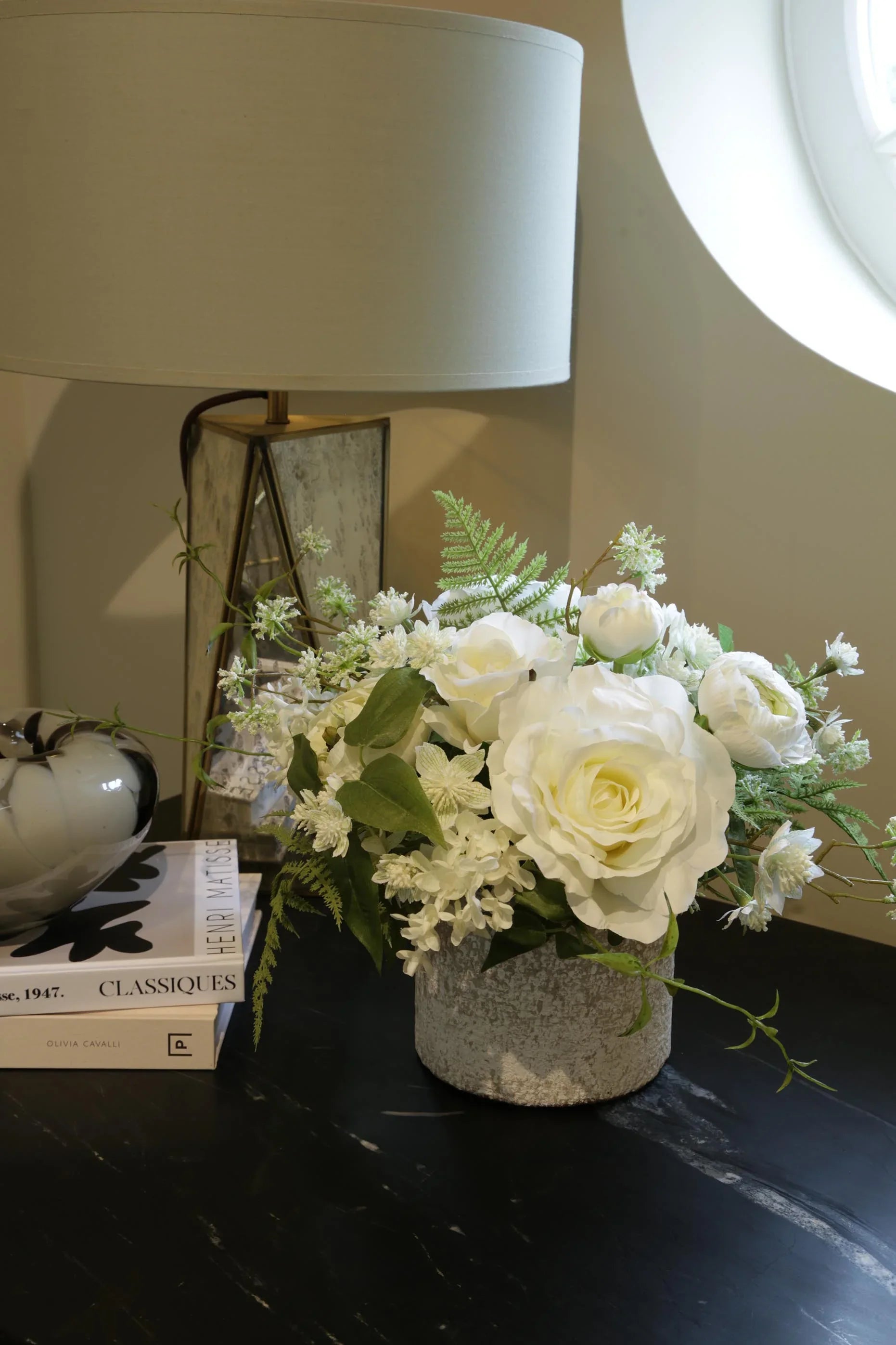 Roses, Ranunculus, Lilac and Fern in a Whitewashed Stone Pot RTfact Flowers 