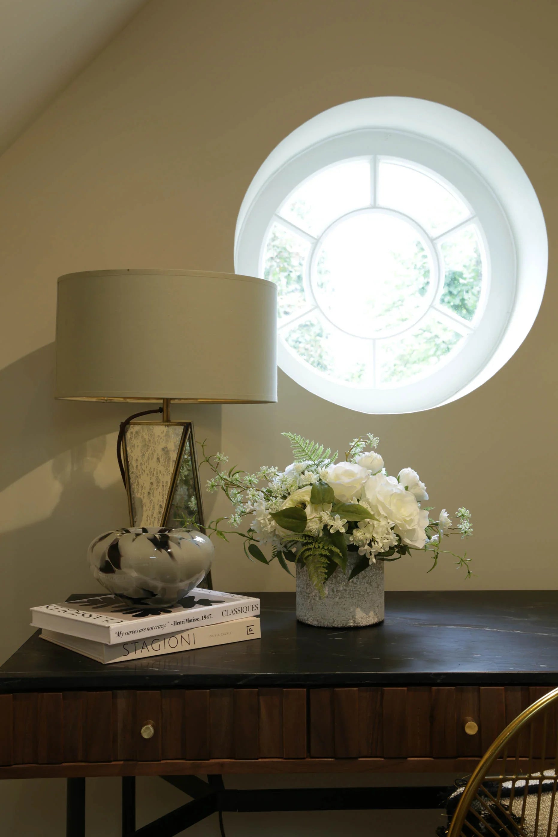 Roses, Ranunculus, Lilac and Fern in a Whitewashed Stone Pot RTfact Flowers 